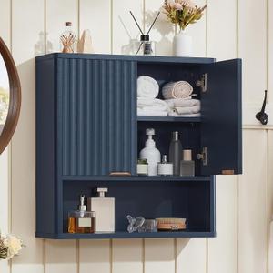 LEYAOYAO Fluted Bathroom Wall Cabinet, Wall-Mounted Medicine Cabinet with Adjustable Shelf & Doors, Farmhouse Floating Over the Toilet Storage Cabinets for Laundry Room, Kitchen, Living Room (Blue), 7.7"D23.5"W24"H