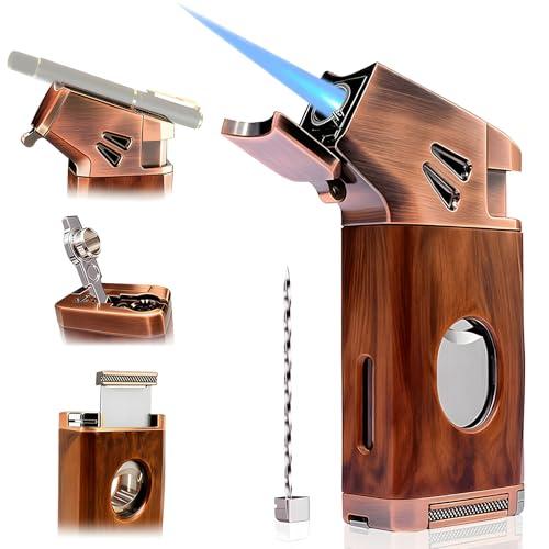 VloEssic Butane Torch Lighter Built-in Cutter, Punch, Holder, Draw Enhancer, Jet Flame Butane Refillable Lighter, Windproof Jet Lighter Adjustable, 5-in-1 Cool Lighters Gift for Men (Without Gas)