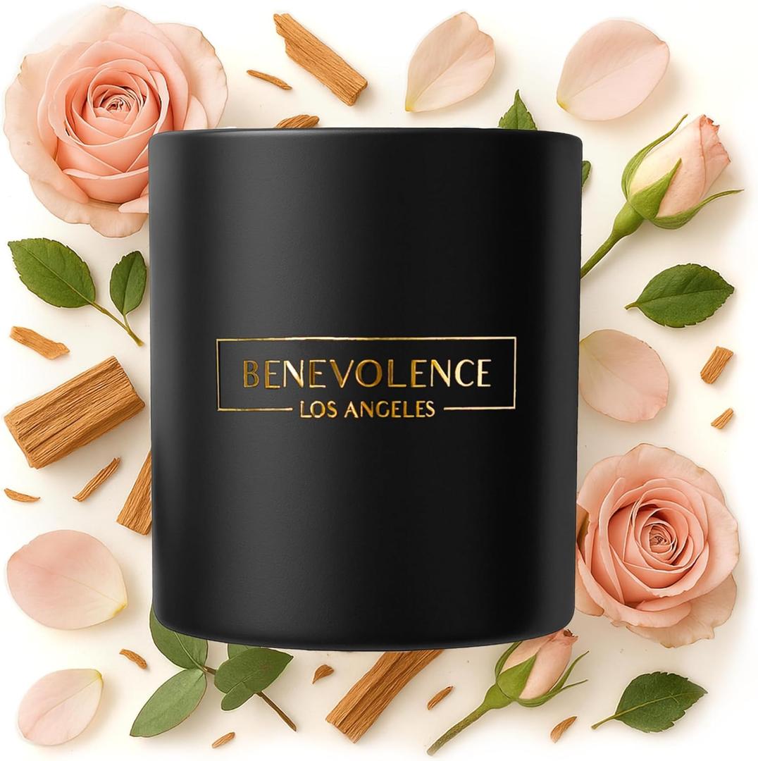 Benevolence LA Rose & Sandalwood Scented Candle | Soy Christmas Candles, Black Candle for Home | Holiday Candles Gifts for Women and Men | Home Fragrance | Aromatherapy | 8oz, 45 Hour Burn