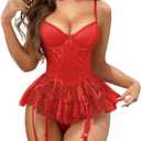 Lingerie For Women Women Tummy Control 2 Piece Mini Lace Babydoll Rave Outfits with Garters Red M