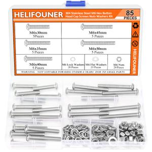 HELIFOUNER 85 Pieces M6 x 30mm /35mm /40mm /45mm /50mm, Button Head Socket Cap Metric Screws Nuts Washers Kit, 304 Stainless Steel