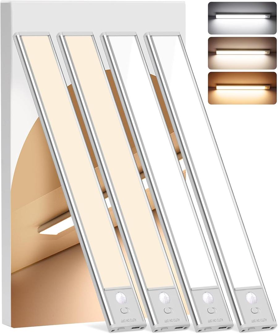 Under Cabinet Lighting Wireless, 4 Pack Motion Sensor Light Indoor with 3 Color Temps, Dimmable Closet Lights Battery Operated, LED Magnetic Light, Rechargeable Under Counter Lights for Kitchen Stairs