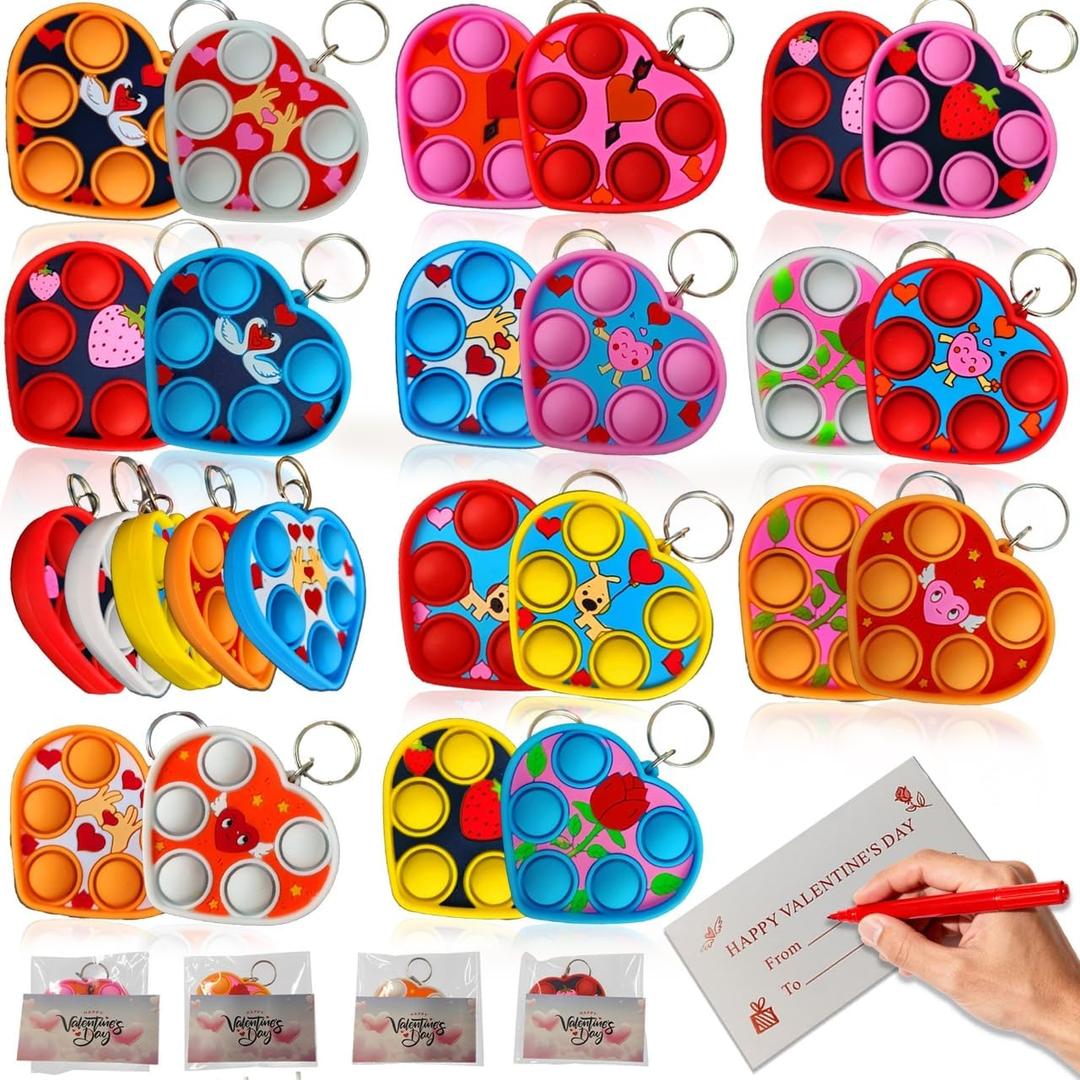 20 Pcs Bulk Mini Pop Cute Heart Shape Fidget Bubble Keychain，20 Greeting Cards and for Kids Boyfriend Girlfriend Valentine's Day Party Favors Birthday Supplies Classroom Student Gifts