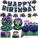 Monster Truck Birthday DecorationsMonster Truck Plates And NapkinsMonster Truck Party decorationsInclude ,BannerMonster Truck Hanging Swirls, Cake ToppersPlatesNapkinsTableware, Tablecloth