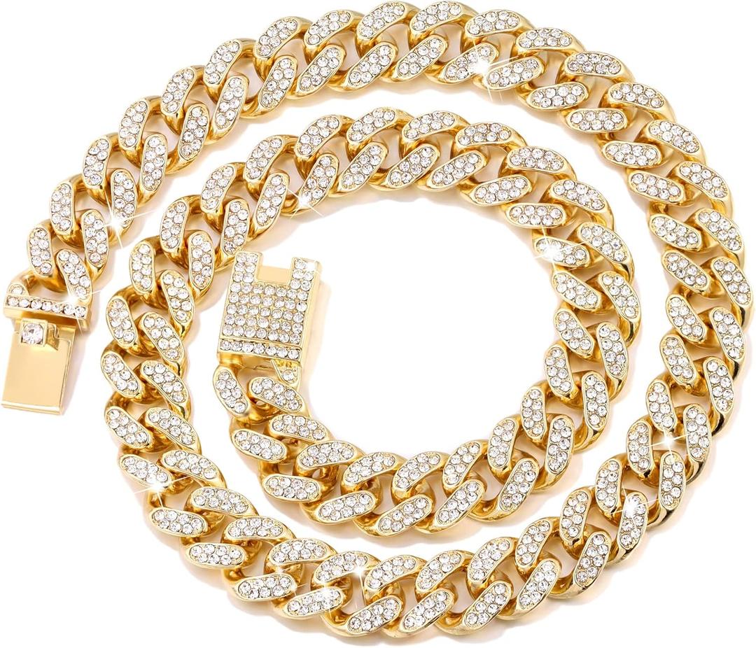 Cuban Link Dog Collar Gold Silver Color Metal Chain Diamond Pet Collars for Dogs Cats Jewelry 8/10/14/16/18/20/24/28 Inch (16inch, Gold)