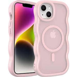 Cute Magnetic for iPhone 14 Case: [Curly Wave Edge] [Compatible with MagSafe] [Curly Wave Edge] [Translucent Matte] Shockproof Protective Phone Cover 6.1 Inch - Pink