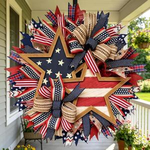 Patriotic Wreath for Front Door, 250th Anniversary Patriotic Wreath,Red White and Blue, 4th of July Independence Day Outdoor Decoration
