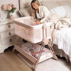 KOOLABABY Baby Bedside Sleeper - Bassinet & Bedside Crib with Height Adjustment & Wheels - Can Be Placed Next to Bed - Attaches to Parents Bed - Easy to Fold & Carry Bassinet for Girls (Pink)