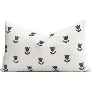 Crumbs Home Coastal Linen Indoor Outdoor Lumbar Pillow Cover Only, 12"x20" Water Repellent for Patio, Backyard, Couch, Neutral Dark Navy Floral