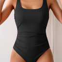 One Piece Swimsuit for Women Ribbed Tummy Control Bathing Suit Ruched Swim Suit Slimming Swimwear (Black, L)