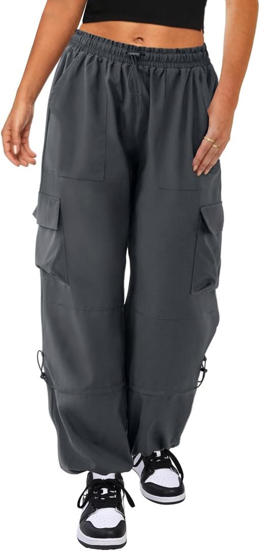 Cargo Pants Women High Waisted Parachute Pants with Pockets Quick Dry Lightweight Baggy Pants (Gray, S)