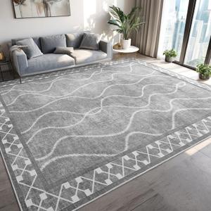 Area Rugs 6x9 Washable Rug, Non-Slip Rugs for Living Room, Low Pile Bordered Rugs Alfombras, Large Print Rubber Backing Indoor Carpet for Home Decor Bedroom Nursery Dining Room, Light Grey