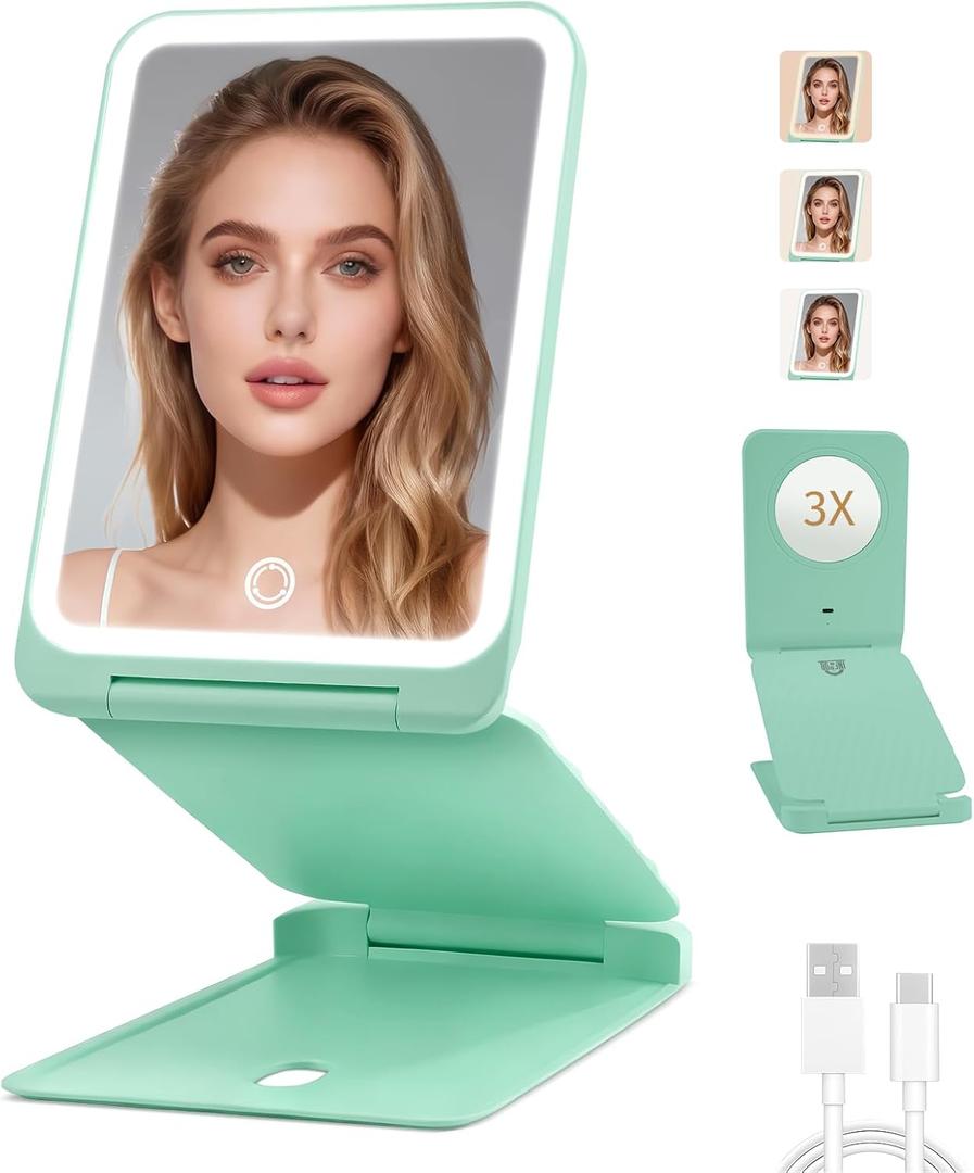 INFOOD Travel Makeup Mirror - Rechargeable LED Vanity Mirror 7.8x5 Inches with 1X/3X Magnifying, 3 Color Dimmable Light, Touch Screen, Foldable Design with Stand, Portable for Travel, Mint Green