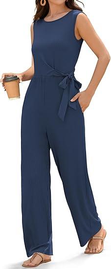 ZAFUL Women's 2025 Summer Dressy Jumpsuits Casual Ribbed One Piece Outfit Pockets Belt Bow Sleeveless Long Wide Pants Rompers
Size  S