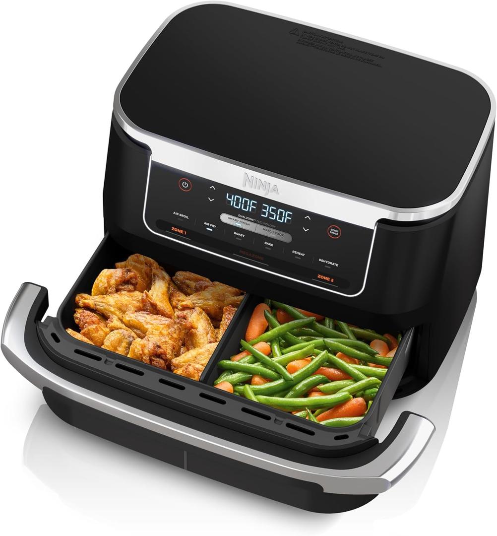 Ninja DZ071 Foodi 6-in-1 FlexBasket Air Fryer with 7-QT MegaZone & Basket Divider for Large Proteins & Full Meals, Smart Finish Cook 2 Foods 2 Ways, Family Sized Capacity, Air Fry, Roast & More, Black (7-QT With Flex Basket)