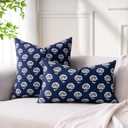 Navy Blue Floral Throw Pillow Covers 18x18 Boho Farmhouse Sofa Pillow Covers Set of 2, Vintage Flower Pillowcase Decorative Neutral Boho Pillowcases for Couch Living Room Home Decor, Navy Blue