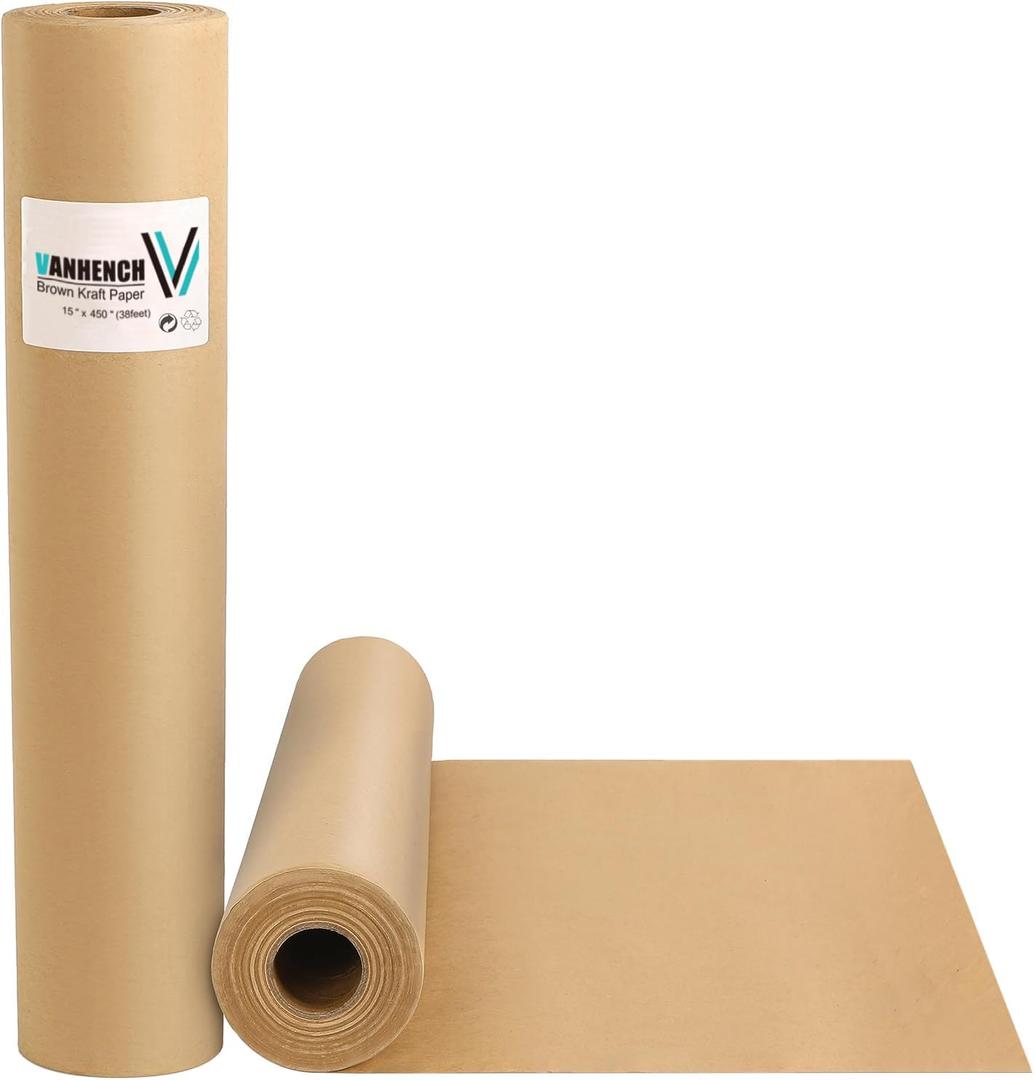 Vanhench Brown Wrapping/Packing Paper Roll 15"450" (38') for Moving Boxes Supplies, Craft Kraft Paper Roll for Valentines Day Birthday Gift Floral Bouquet Flower, Poster Bulletin Board Paper