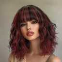 AISI HAIR Synthetic Wavy Curly Bob Wig with Bangs Brown Mix Wine Red Short Hair for Women Synthetic Heat Resistant Bob Wigs
