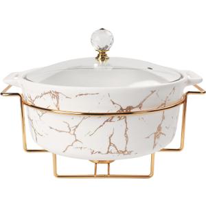 Ceramic Casserole Dish with Glass Lid and rack, 2.6 Quart Serving Soup Tureen,Chafing Dish for Buffet, Family Food preserve Tray, Catering Casserole for Party Style,11.2 Inch (Round)