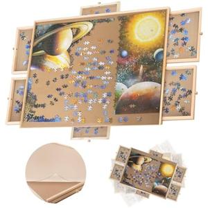 Nattork 1500 Piece Wooden Jigsaw Puzzle Board - 6 Drawers, Rotating Puzzle Table, Jigsaw Puzzle Table with Cover - Portable Puzzle Tables for Adults and Kids