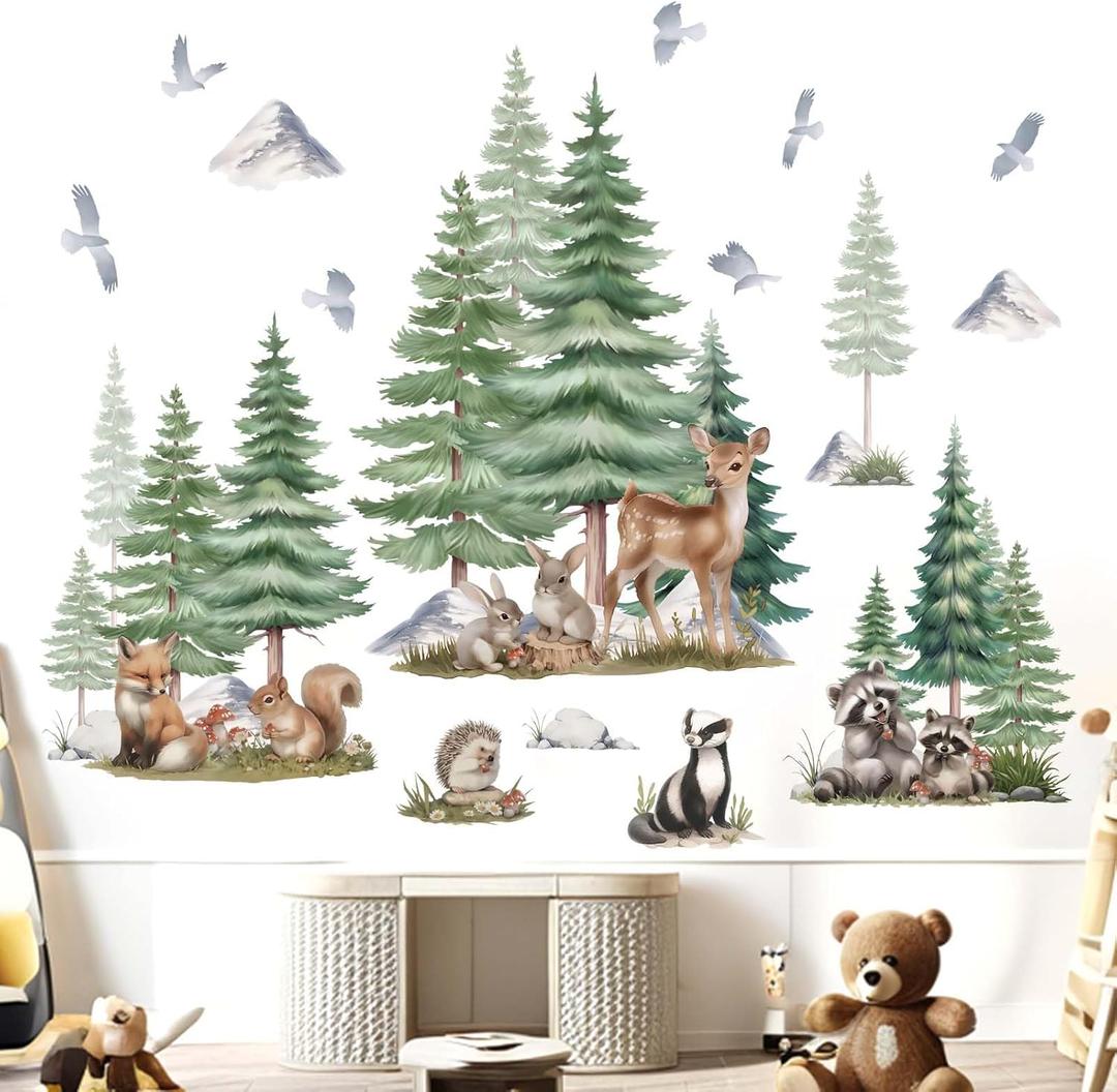 Animals Woodland Wall Stickers for Nursery: Large Forest Tree Bear Deer Fox Wall Decals - Kids Baby Girls Boys Room Daycare Bedroom Wall Decor