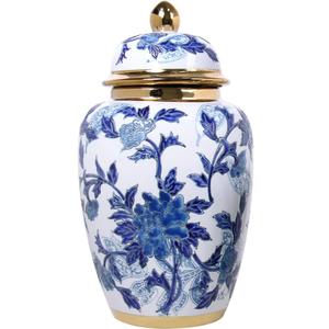 Blue and White Ginger Jar 16" Tall Vase, Gold Trim Porcelain Decor