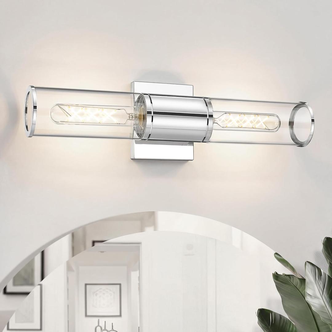 Bathroom Vanity Light Fixtures, Chrome Wall Lights in Clear Glass Indoor Wall Sconce, Modern Wall Light Up and Down Wall Mount Lamp for Bathroom, Bedroom, Hallway, Kitchen, VL834-CH-CL