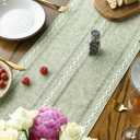 Artoid Mode Sage Green Rustic Cotton Linen Table Runner, Seasonal Embroidered Hollow Kitchen Dining Table Decoration for Home Party Decor 13x60 Inch