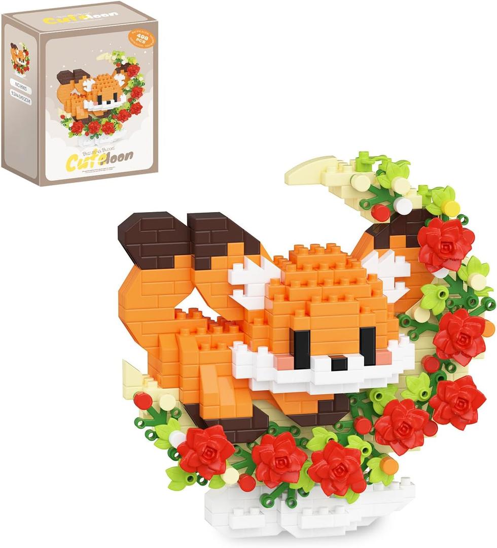 QISHOUTING Fox Micro Building Blocks with Flowers for Kids 8 9 10+,Flowers Mini Building Set,Animal Micro Building Kits,Home Office Dcor Gift for Adults and Teens