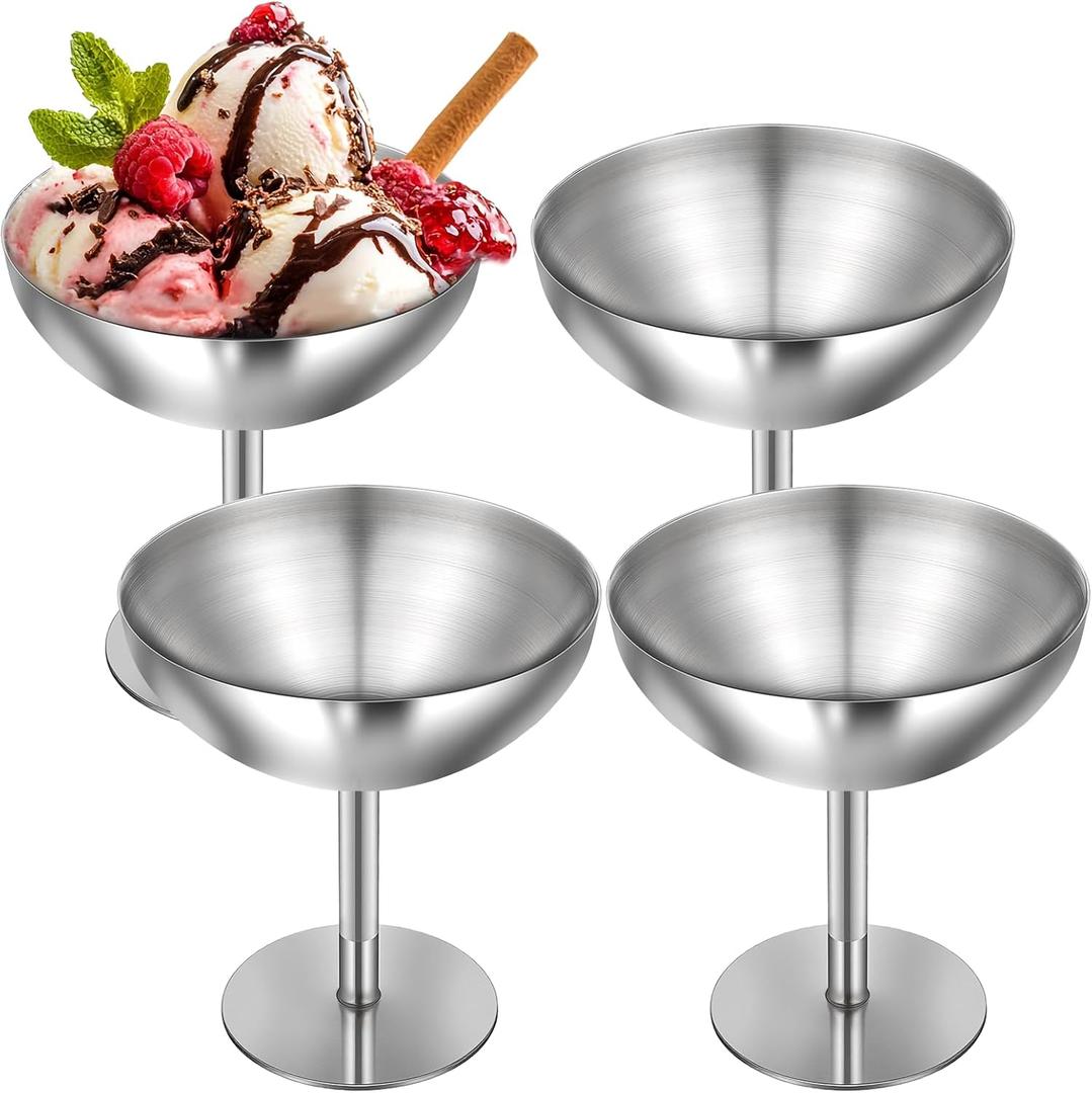 4Pcs Stainless Steel Dessert Cup, 5.4oz Ice Cream Footed Bowls, 4.3 inch Hight Stainless Steel Serving Desserts Bowls Cups Sauce Bowl for Dessert Cups Sundae Fruit Snack Party