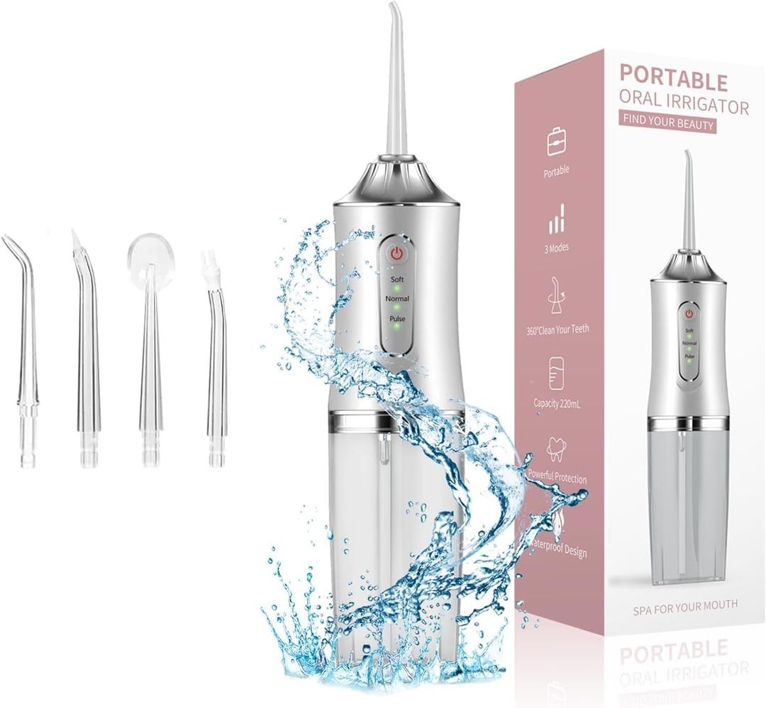 Water Dental Flosser Teeth Irrigator with 3 Modes Cordless Water Teeth Cleaner with 4 Replace Sprinkler Head IPX7 Waterproof Rechargeable Portable for Travel Home Braces Bridges Care