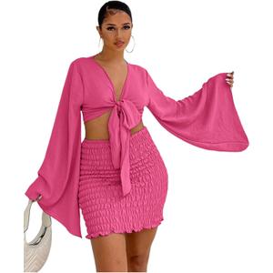 LYANER Women's 2 Piece Outfits Tie Knot Front Bell Long Sleeve Crop Top and Mini Skirt Set (Large, Rose)