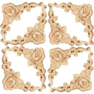10PCS Decorative Wood Carved Appliques Onlays Unpainted Cute Wooden Corners,Flower Carvings Decals for Mirrors Cabinets Walls Doors Chests Dressers Night Stand DIY Artwork Project, 8x8cm/3.15"x3.15"