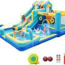 FINCOME Inflatable Bounce House, 10 in 1 Double Water Slide Bounce House with 750W Blower, Climbing Wall, Jumping, Water Gun, Splash Pool, Basketball Hoop for Kids Indoor Outdoor Backyard