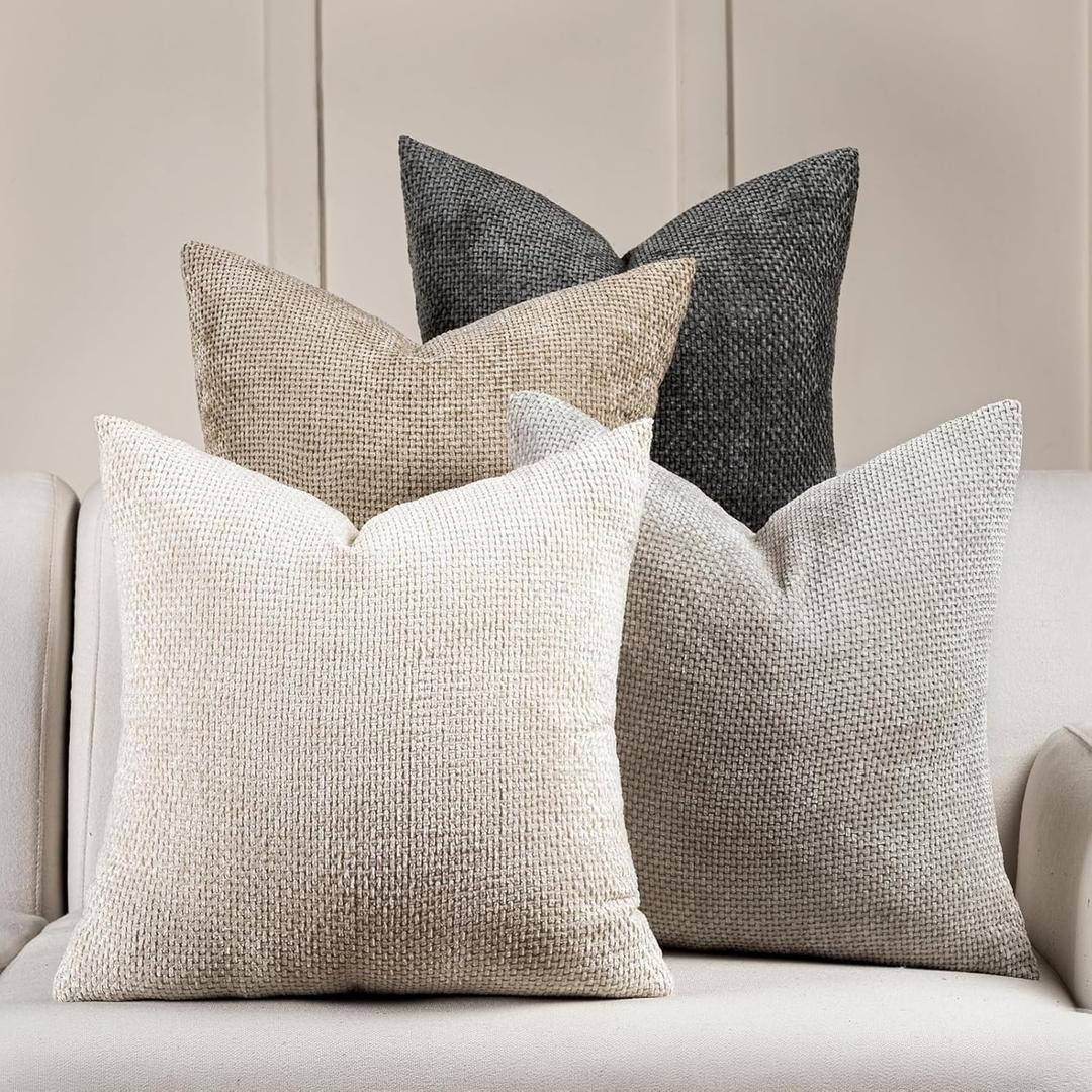 Volcanics Boho Throw Pillow Covers 20x20 Set of 4, Neutral Chenille Decorative Cushion Covers for Couch, Sofa, Bedroom, Living Room, Farmhouse & Mid-Century Modern Home Decor
