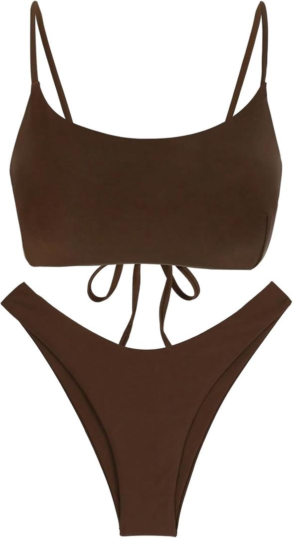 GORGLITTER Women's High Cut Cheeky Bikini Sets 2 Piece Lace Up Spaghetti Strap Swimsuits Beachwear 2025, L (Brown)