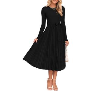 ZESICA Women's Fall Long Sleeve Midi Dress 2025 Casual Crewneck Knit Belted Pleated A Line Flowy Party Dresses XL