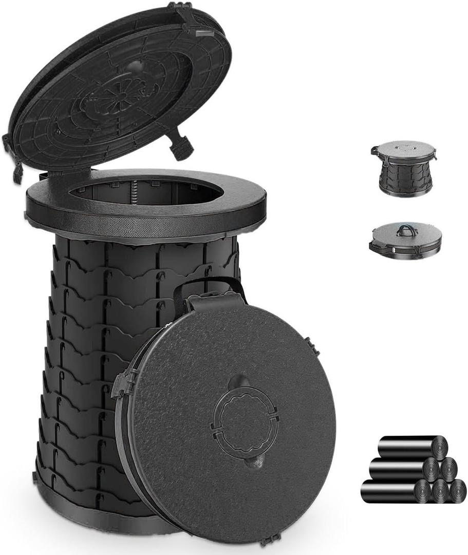 XXL 19.7"H Adjustable Foldable Portable Camping Toilet, Luggable Loo with Lid, Strap,Toilet Bag for Camping, Hiking, Travel and Car (Black)