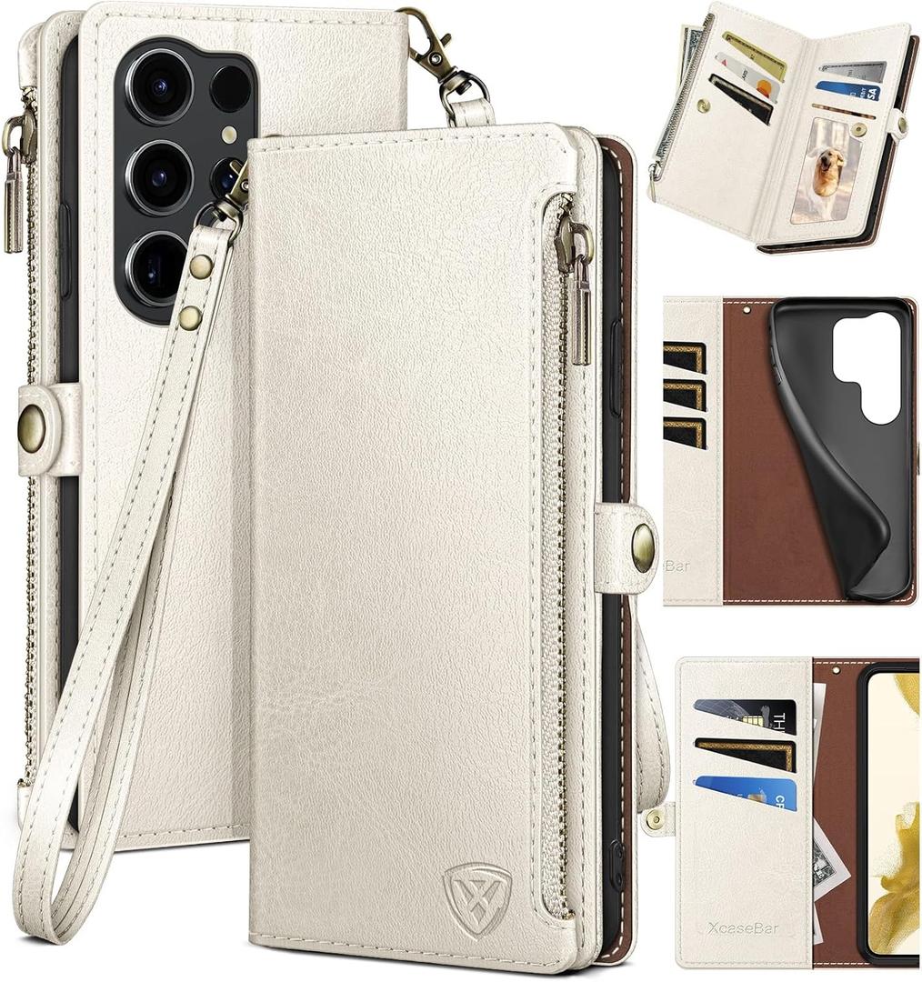 XcaseBar Compatible with Samsung Galaxy S25 Ultra Wallet case with Zipper Credit Card HolderRFID Blocking,Flip Folio Book PU Leather Phone case Shockproof Cover Women Men for S25 Ultra case White