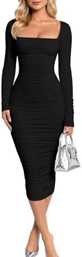 BEAGIMEG Women's Sexy Bodycon Long Sleeves Ruched Square Neck Party Club Midi Dress L