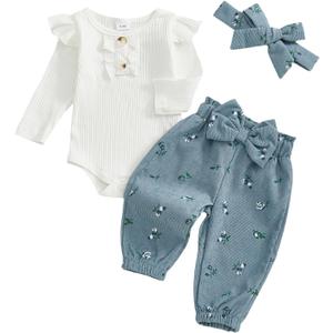 Newborn Baby Girl Outfit Infant Girl Spring Clothes Ribbed Romper Onesie Floral Corduroy Pants Fall Outfit, 3-6 M