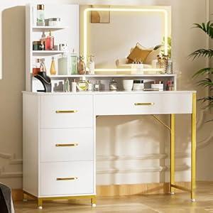 COMHOMA Vanity Desk with Mirror and Lights, Makeup Vanity Table with 4 Drawers & Storage Shelves, Large HD Mirror, 3 Color Modes & Adjustable Brightness, Modern Dressing Table for Bedroom, White