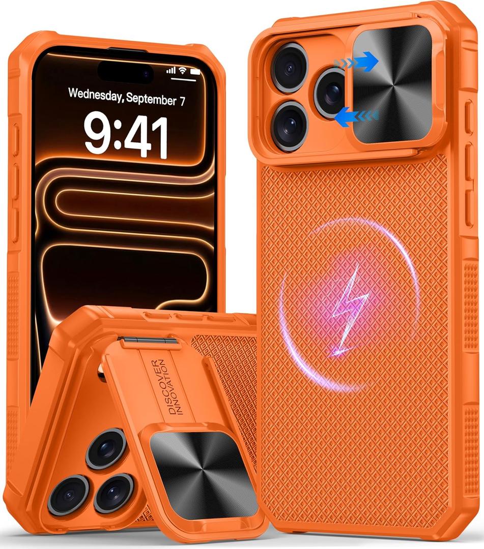 Magnetic for iPhone 17 Pro Max Case,[Compatible with Magsafe][Slide Camera Cover][Kickstand][Military Grade Protection] Shockproof Rugged Case for iPhone 17 Pro Max,Orange