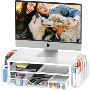 Desk Organizers and Accessories, 2-Tier Computer Monitor Stand for Desk Organizer with Drawer and 2 Pen Holders, Office Desk Accessories Workspace Desktop Organizers for Office Supplies, White