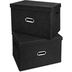 Large Linen Fabric Foldable Storage Bins with Removable Lid and Handles, Washable Storage Box Organizer Containers Baskets Cube with Cover for Bedroom,Office(Black, Extra Large(2-Pack))