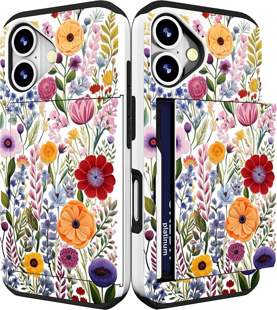 Compatible for iPhone 16 Plus Case Cute with Card Holder Shockproof Slim Slot Phone Wallet Cover for Women/Watercolor Summer Blooming Floral Flower Meadow Natural