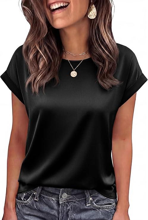 BTFBM Summer Tops for Women 2026 Dressy Satin Blouses Loose Crew Neck Short Sleeve Shirts Work Business Casual Outfits (Black, M)