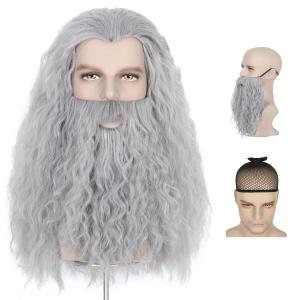 M MISS U HAIR Long Gray Wizard Beard And Wig Halloween Funny Wigs For Men Long Grey Beard Wig for Adults Costume