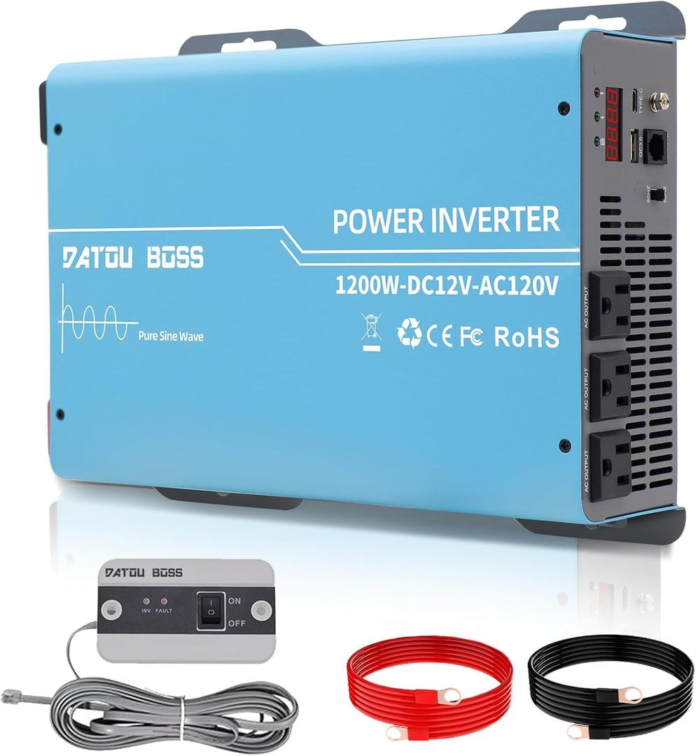 2400W Power Inverter 1200 Watt Pure Sine Wave Inverter 12V to 110V 120V AC Converter, Peak 2400W with Dual AC Outlets and USB & Type-C for Car, RV, Home, Truck, Off-Grid Solar