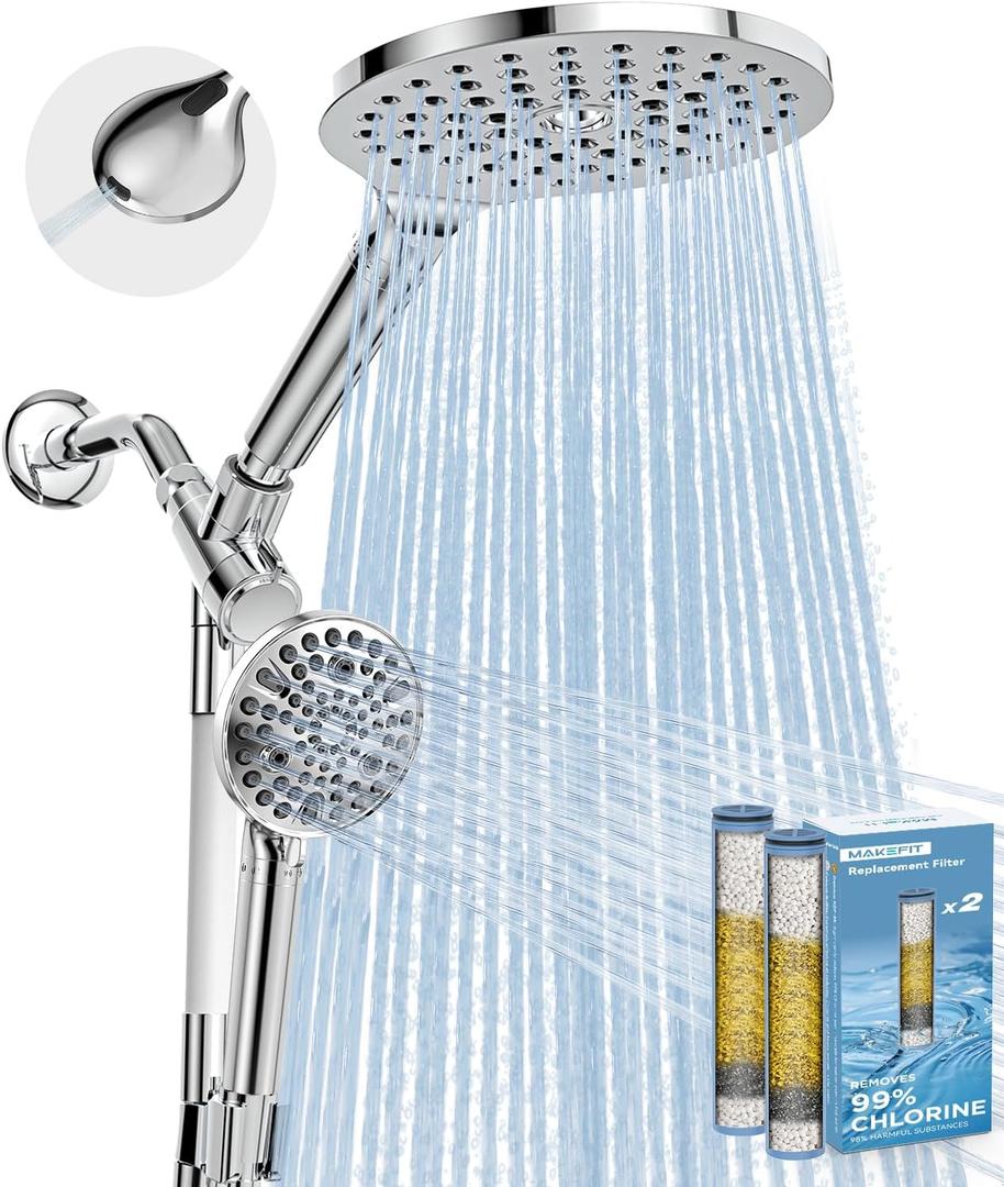 MakeFit Dual Filtered Rain Shower Head Combo, Handheld Shower Head with Adjustable Bar - Rainfall Shower Head And Showerhead with Filter for Hard Water - Removes Chlorine 8 Inch Filtered, Chrome